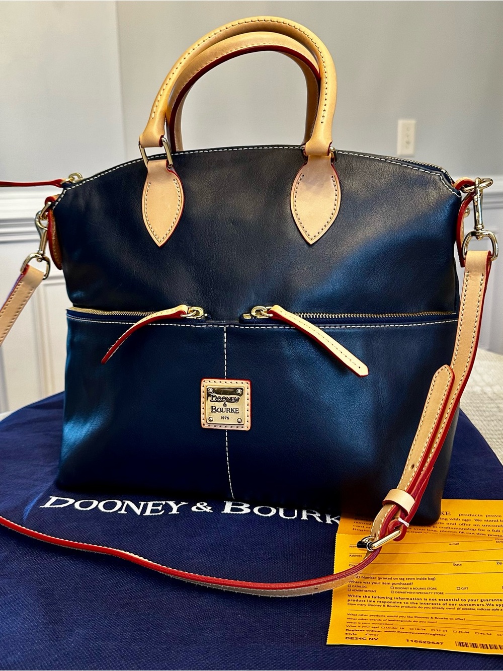 Dooney & Bourke Dillen II Double Pocket Satchel Navy Leather w/keychain dust bag